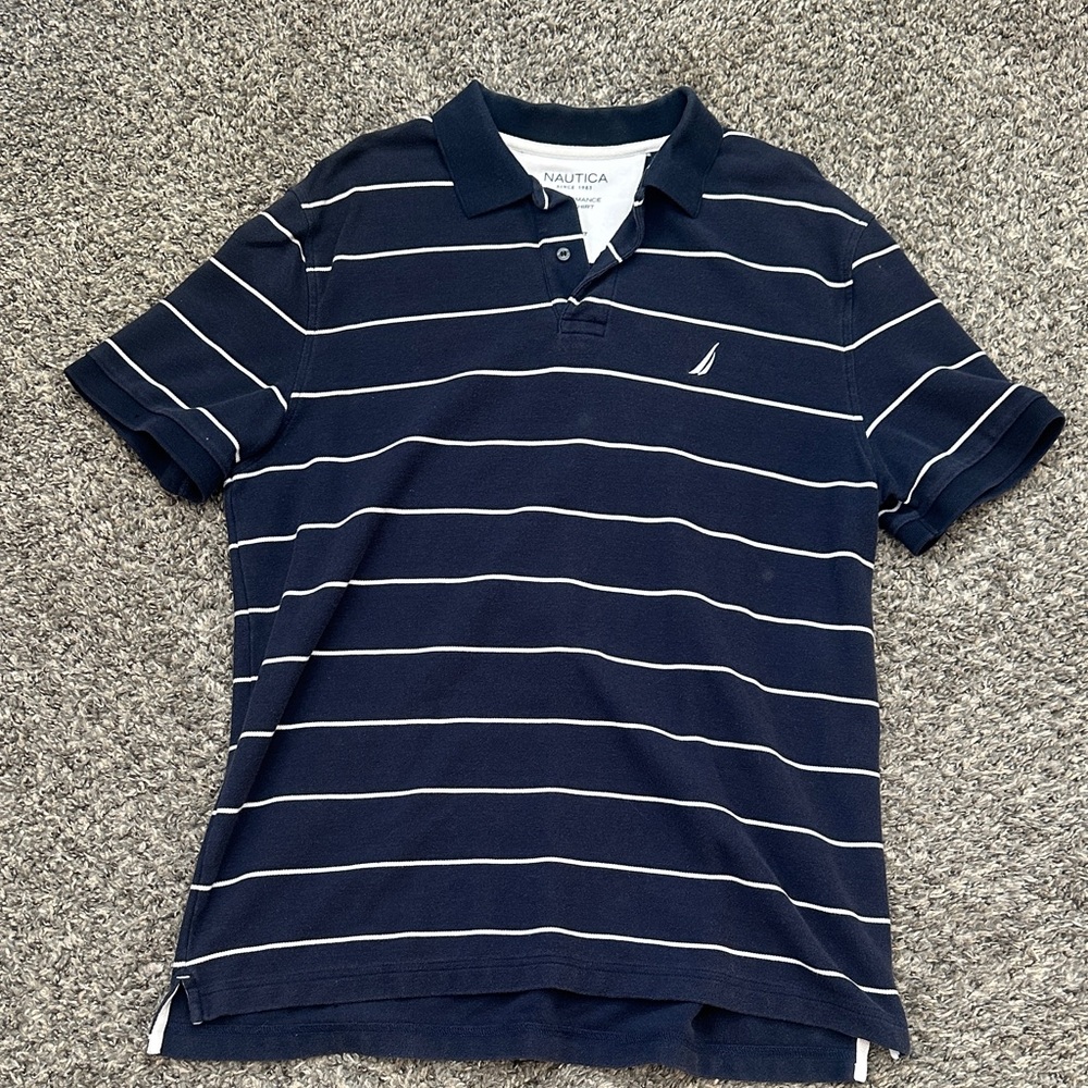 Nautica Men's Dark Blue Polo with White Stripes